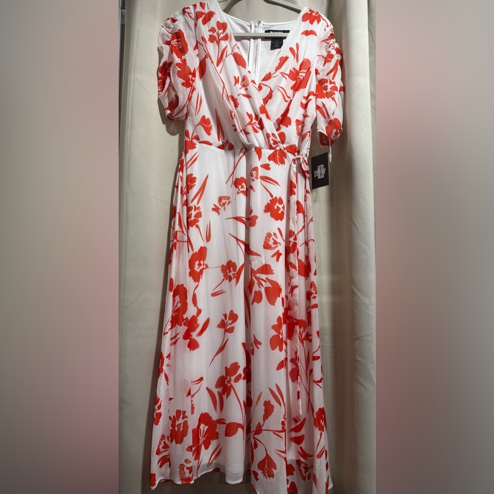 DKNY Vibrant Red and White Patterned Dress